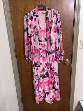 Chico's/Anne Klein Pink Floral Midi Dress Long Sleeve Chiffon Sequins Size 2